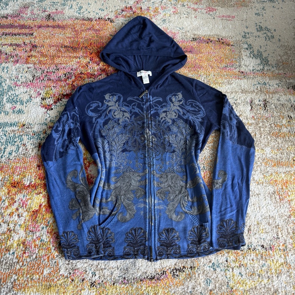 Vintage Y2K Style & Co. Jeans Blue Knit Rhinestone Zip Hoodie Womens M